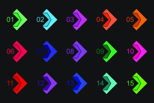 Super set arrow bullet point on black background. Colorful flat markers with number from 1 to 15.
 Modern vector illustration.