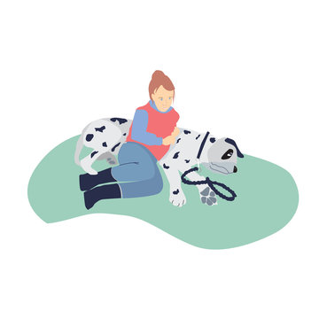 Girl with a dog illustration. A pet with a child. The child leaned on the dog. Dalmatian with a girl