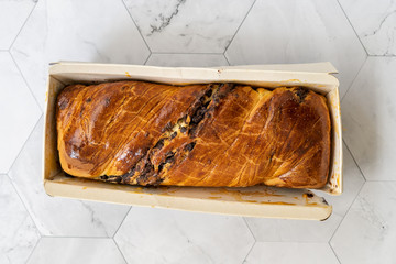Take Away Sweet Homemade Chocolate Babka Bread Cake / Cozonac Swirl Sourdough Brioche in Plastic Box Package.