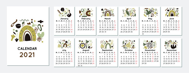 Calendar Design 2021 Nature, abstraction. Monthly calendar 2021 year. 