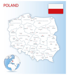 Detailed Poland administrative map with country flag and location on a blue globe. Vector illustration