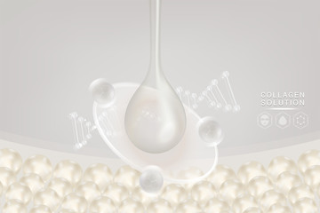 Hyaluronic acid skin solutions ad, white collagen serum drop with cosmetic advertising background ready to use, illustration vector.	