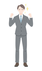 ガッツ　ポーズ　ビジネス　スーツ　足開く　男性　全身