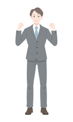 ガッツ　ポーズ　ビジネス　スーツ　足開く　男性　全身