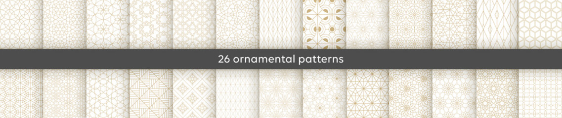 Set of 26 oriental patterns. White and gold background with Arabic ornaments. Patterns, backgrounds and wallpapers for your design. Textile ornament. Vector illustration.