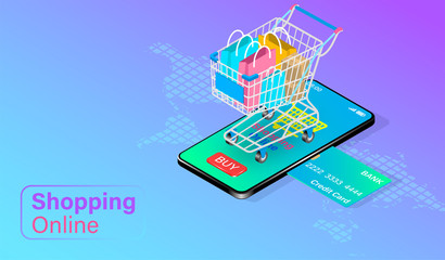 Shopping online on smartphone with credit card with Shopping cart with bags on top. isometric flat vector design