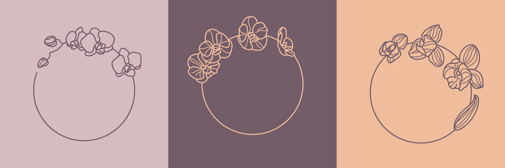 Set of orchid flower frames and monogram concept in minimal linear style. Vector floral logo © Sini4ka