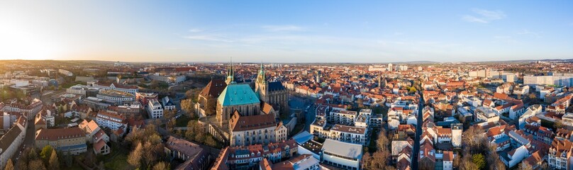 Aerial Drone flight over Erfurt with Cathedral and the church Severikirche - obrazy, fototapety, plakaty