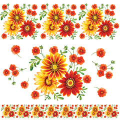 Yellow, red, orange decorative flowers daisy in a bouquet.