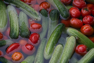Floating tomato and cucumber in a fruit cleaning process