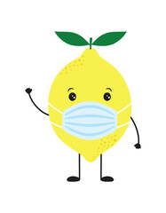card with funny lemon in medical mask isolated on white background