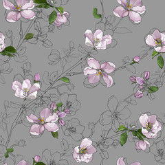 Vector seamless floral pattern of spring bloom branch with flowers cherry, buds, leaves. Blooming tree twigs sakura. Watercolor style. Hand drawn.  