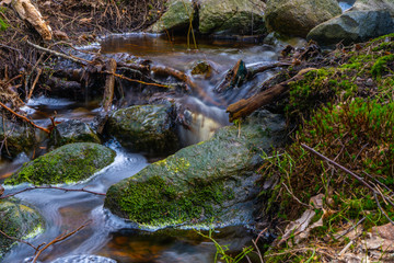 The stream in the spring. Photo of scandinavian nature. Swedish forest.