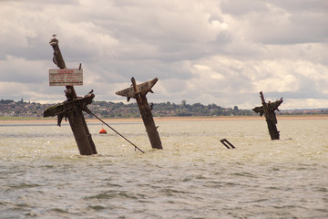 Sunken ship floored in World War 2 in the Thames Estuary, England.