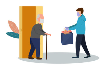 Fresh food and food delivery for the elderly. An elderly man receives a parcel. Social assistance and support. Volunteers Online ordering service during quarantine. Vector illustration