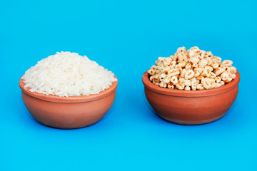 airy sweet rice and natural white rice in ceramic plates
