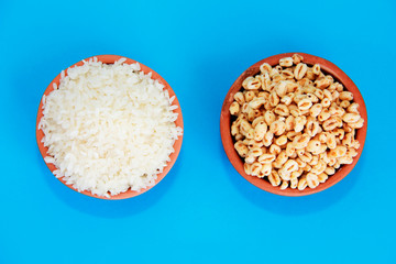 airy sweet rice and natural white rice in ceramic plates