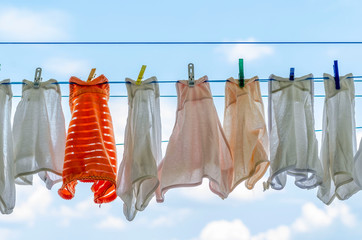 Underwear on the cord, drying clothes, drying on the clothesline