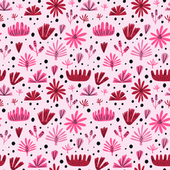 Simple flat illustration of flowers and leaves. Vector cute nature elements seamless pattern.