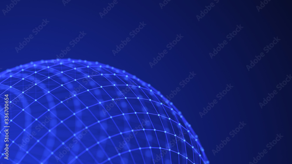 Poster abstract 3d sphere. mesh of sphere with points and lines on dark background. science and technology.