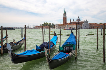 Empty gondolas on the canal in Venice, Italy