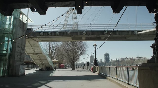 Lockdown London, London eye closed and empty embankment during coronavirus pandemic, no people