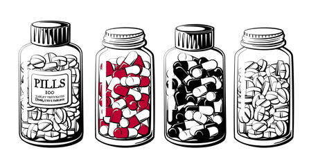 Pill bottle set. Collection of capsule and disk-shaped pill bottles vector illustration.