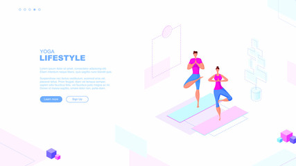 Trendy flat illustration. Yoga Lifestyle page concept. People doing yoga. Activity. Fitness. Template for your design works. Vector graphics.