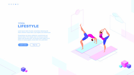 Obraz na płótnie Canvas Trendy flat illustration. Yoga Lifestyle page concept. People doing yoga. Activity. Fitness. Template for your design works. Vector graphics.