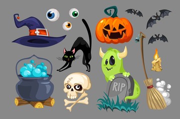 Symbolic halloween holiday scary objects set vector illustration. Black cat, pumpkin, candle, rip, skull, hat, bat, eyeball, pot and broom cartoon design. Mystery and All Saints Day concept