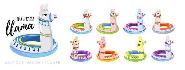 Summer floats and no drama llama fun inscription vector illustration. Inflatable animal ring floater for kids cartoon design. Pool time concept. Isolated on white