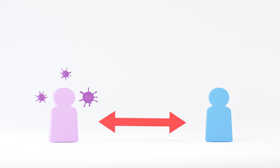 3d illustration, viruses & people keeping distance sign for infection risk and disease prevention measures protect COVID-19 coronavirus outbreak spreading concept , Keep the 1-2 meter Steps to protect