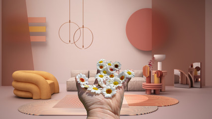 Woman's hand holding daisies, spring and flowers idea, over colored modern living room, pastel colors, sofa, armchair, carpet, coffee tables, frosted glass panels, interior design