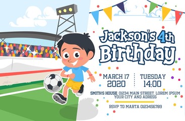 Cute happy birthday party invitation card vector illustration. Little cheerful boy kicking ball with fans behind cartoon design. Information about place and time of celebration