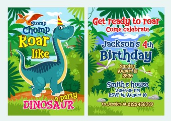 Invitation template for dinosaur fun celebration vector illustration. Bright tropical and green decoration with kind dino cartoon design. Stomp chomp roar like dinosaur. Joyful party concept © Microstocker.Pro