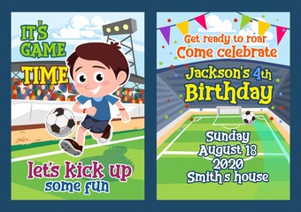 Football party invitation template with little boy vector illustration. Its game time cartoon design. Get ready to roar come celebrate. Soccer and fun event concept