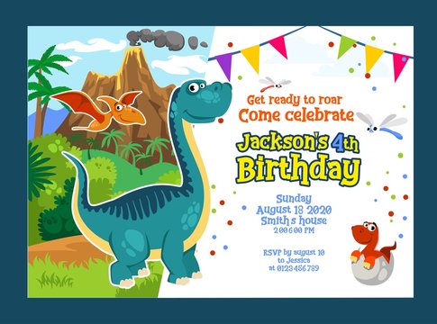 Dino birthday party invitation with dinosaurs vector illustration. Friendly dragon with little bird friend cartoon design. Get ready to roar. Festive celebration concept