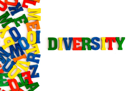 Series "Conceptual words": word "Diversity" in wooden letters on white background
