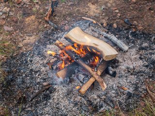 Bonfire, cooking place. Ecotourism, visiting fragile, pristine, undisturbed natural areas in Karelia. Active holidays