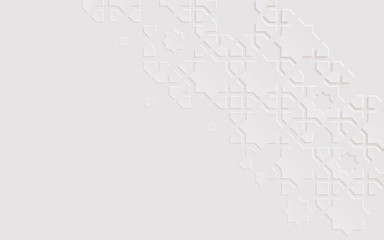 Islamic arabesque design greeting card for Ramadan Kareem,Arabic ornamental monochrome detail of mosaic,white abstract texture, 3d vector background