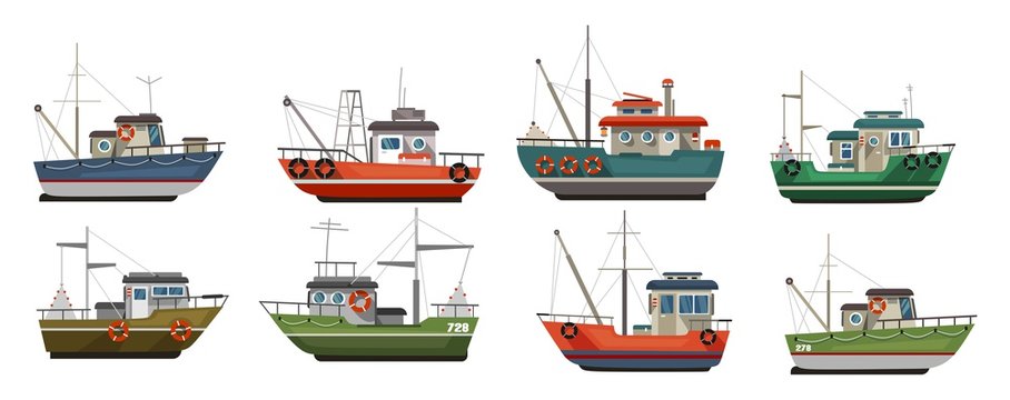 Different types of sea boats flat style set vector illustration. Fishing ships with various colours flat style. Sailboats for ocean access. Isolated on white background