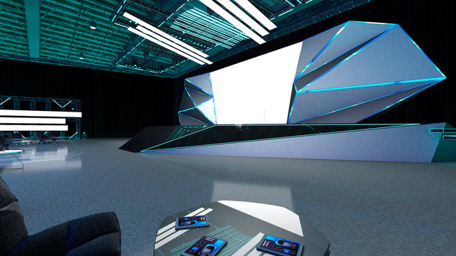 Ilustraci&oacute;n 3D de escenario en bodega, para eventos corporativos y especiales con pantallas LED