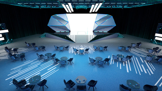 Ilustraci&oacute;n 3D de escenario en bodega, para eventos corporativos y especiales con pantallas LED
