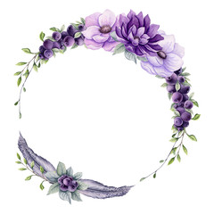 Fototapeta na wymiar Wreath with Watercolor Purple Flowers