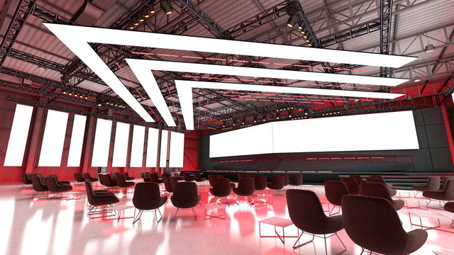 Ilustraci&oacute;n 3D de escenario en bodega, para eventos corporativos y especiales con pantallas LED