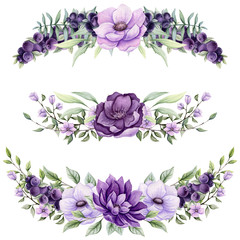 Set of Watercolor Bouquets with Purple Flowers and Berries - 336704836
