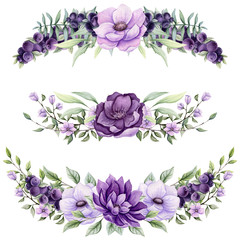 Set of Watercolor Bouquets with Purple Flowers and Berries