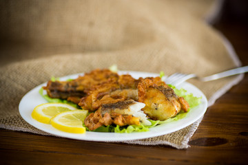 fried hake fish in batter with lettuce and lemon in a plate
