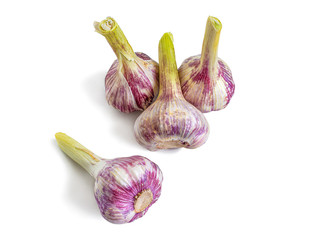 Ripe garlic heads on a white background
