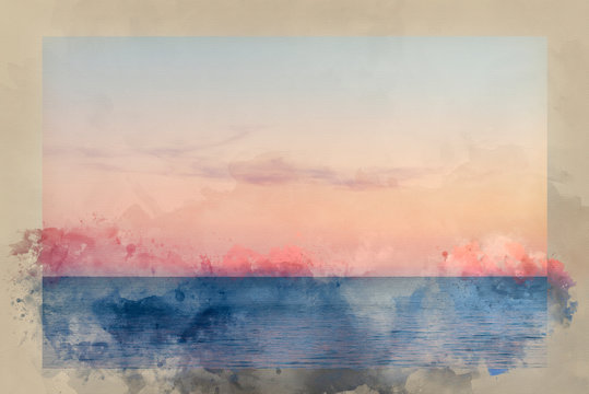 Digitally created watercolor painting of Beautiful Summer landscape sunset image of colorful vibrant sky over calm long exposure sea